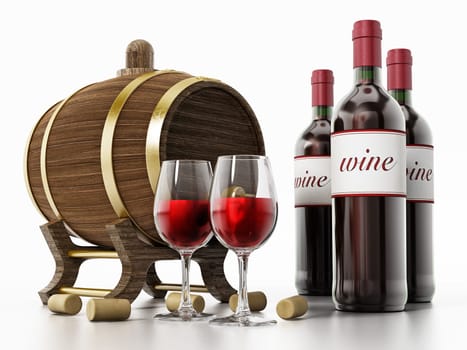 Wine bottles, corks, glasses and barrel isolated on white background. 3D illustration.
