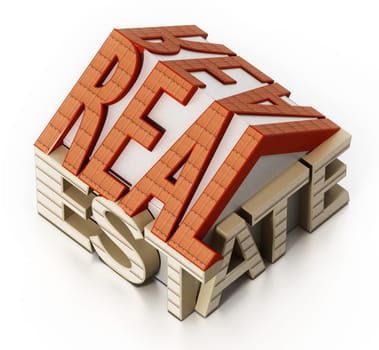Real estate word in house shape. 3D illustration.