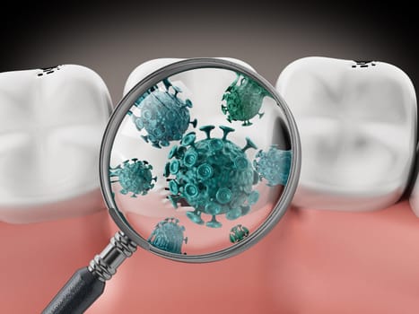 Magnifying glass on green bacteria. 3D illustration.