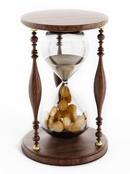 Sand in hourglass turning into gold coins. 3D illustration.