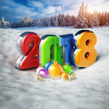 Multi-colored number 2018 and ornaments on snow. 3D illustration.
