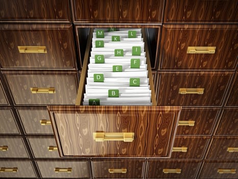 Library catalogue wooden drawer with letters. 3D illustration.