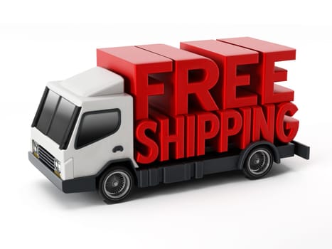 Free shipping text standing on delivery truck. 3D illustration.