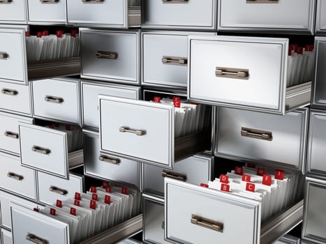 Library catalogue wooden drawer with letters. 3D illustration.