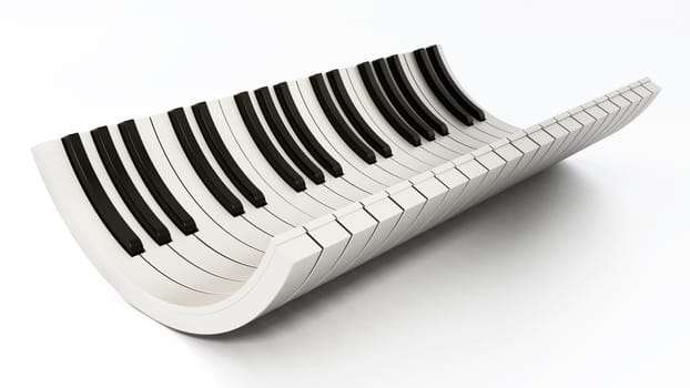 Curved piano keys isolated on white background. 3D illustration.