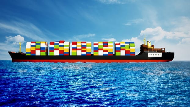 Cargo ship loaded with multi colored containers. 3D illustration.