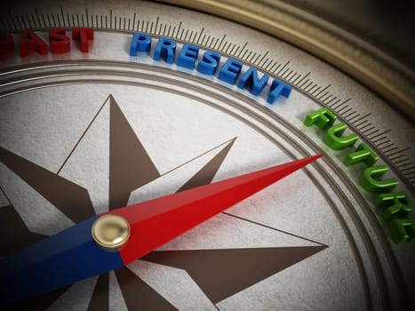 Compass needle pointing future among past and present. 3D illustration.