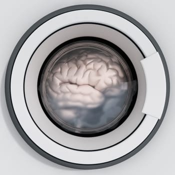 Brain being washed in washing machine. 3D illustration.