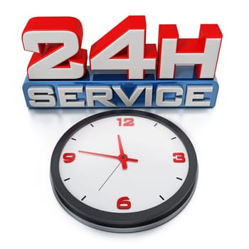 24 hours open text and clock isolated on white background. 3D illustration.