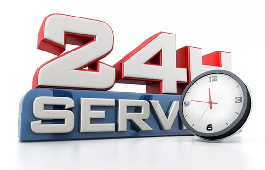 24 hours open text and clock isolated on white background. 3D illustration.