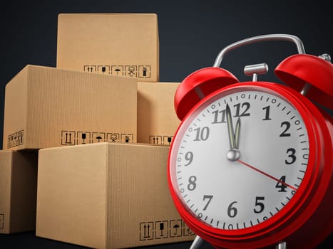 Cargo boxes and alarm clock standing on black background. 3D illustration.