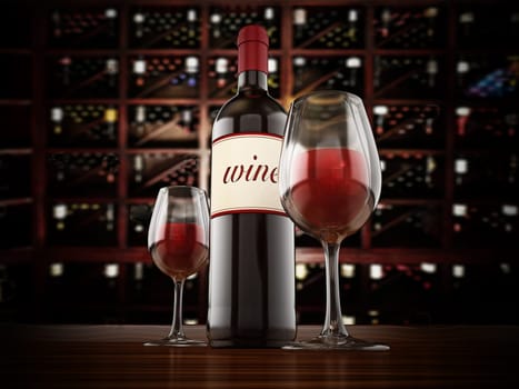 Wine bottle and glasses on winery table. 3D illustration.