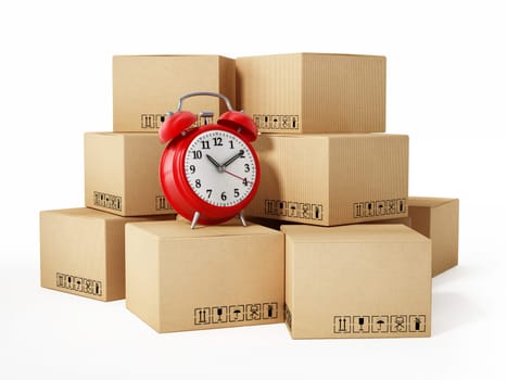 Cargo boxes and alarm clock isolated on white background. 3D illustration.