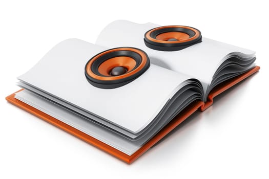Audio book with speakers on open book. 3D illustration.