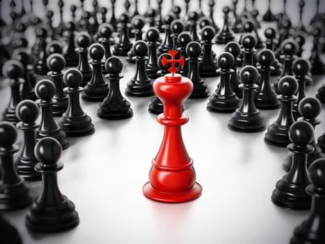 Red chess king standing among white pawns. 3D illustration.
