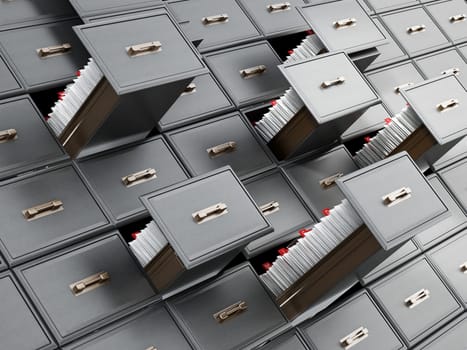 Library catalogue wooden drawer with letters. 3D illustration.
