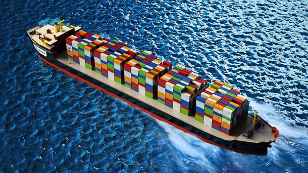 Cargo ship loaded with multi colored containers. 3D illustration.