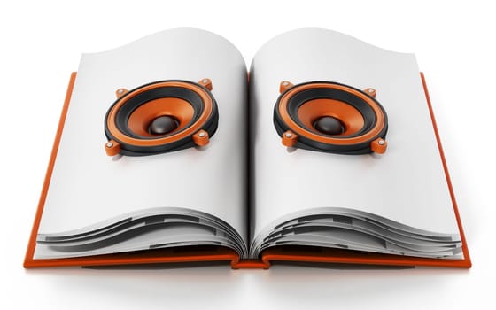 Audio book with speakers on open book. 3D illustration.