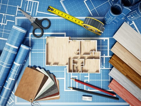 Home decorating tools standing on house bluprints. 3D illustration.