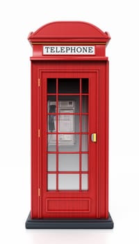 Red British phone booth isolated on white background. 3D illustration.