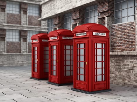 Red British phone booths in the street. 3D illustration.