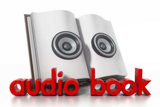 Audio book with speakers on open book. 3D illustration.