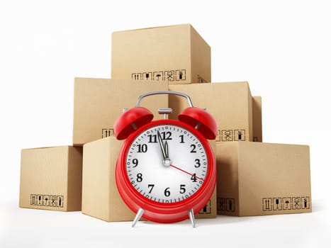 Cargo boxes and alarm clock isolated on white background. 3D illustration.