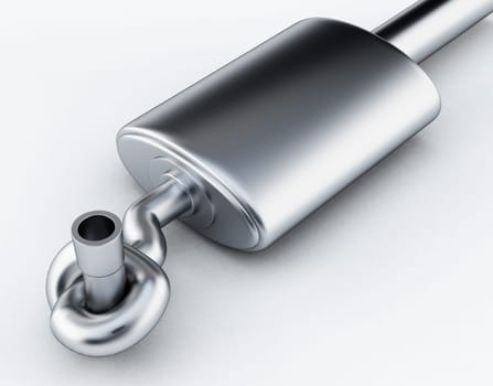 Silencer of exhaust gases of the car tied in a knot. 3D illustration.