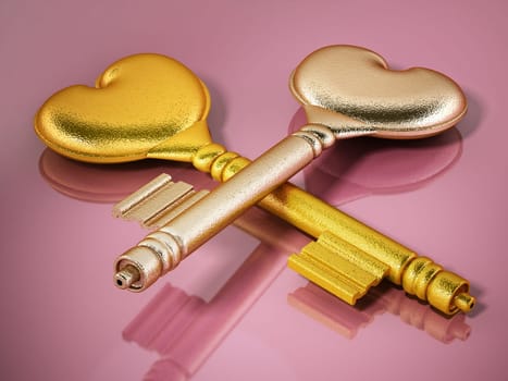 Gold keys with heart shapes on pink background. 3D illustration.