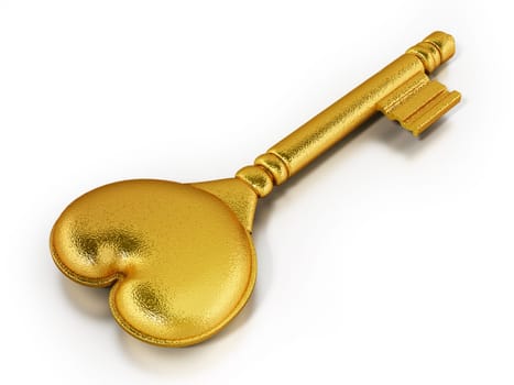 Gold key with heart shape isolated on white background. 3D illustration.