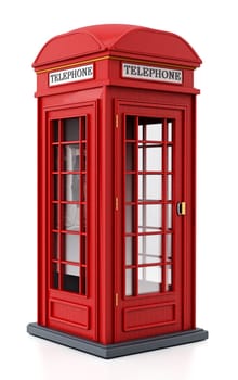 Red British phone booth isolated on white background. 3D illustration.