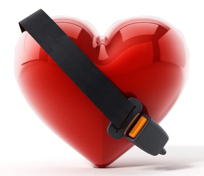 Seatbelt around the red heart. 3D illustration.
