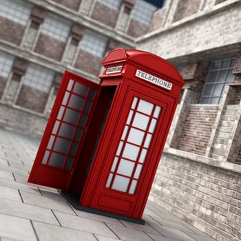 Red British phone booth in the street. 3D illustration.