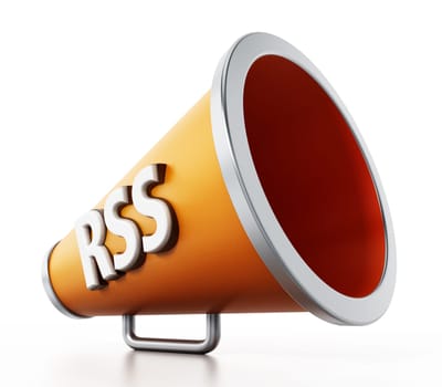 Orange megaphone with RSS text isolated on white background. 3D illustration.