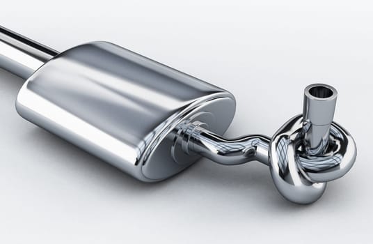 Silencer of exhaust gases of the car tied in a knot. 3D illustration.