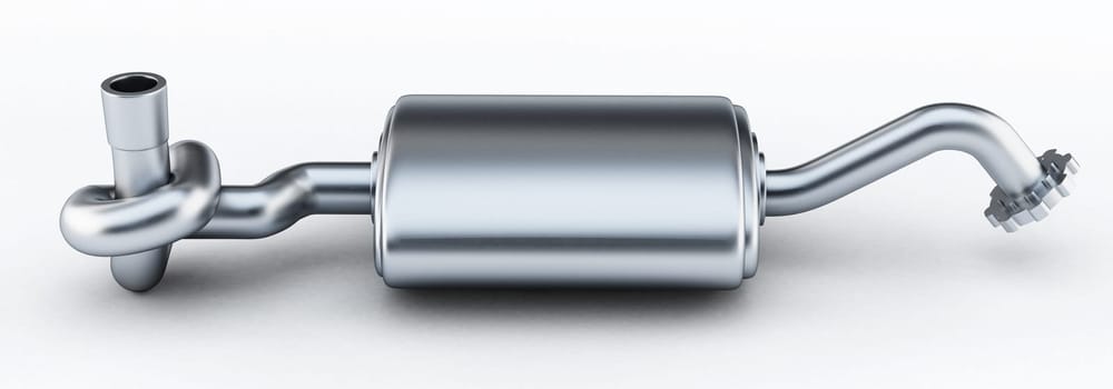 Silencer of exhaust gases of the car tied in a knot. 3D illustration.