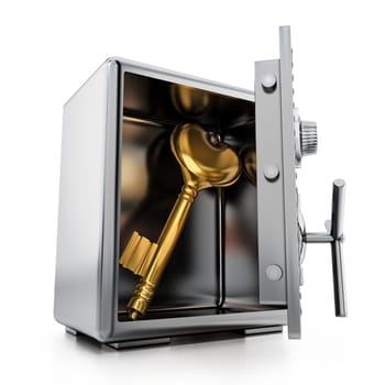 Gold key with heart shape inside steel safe. 3D illustration.