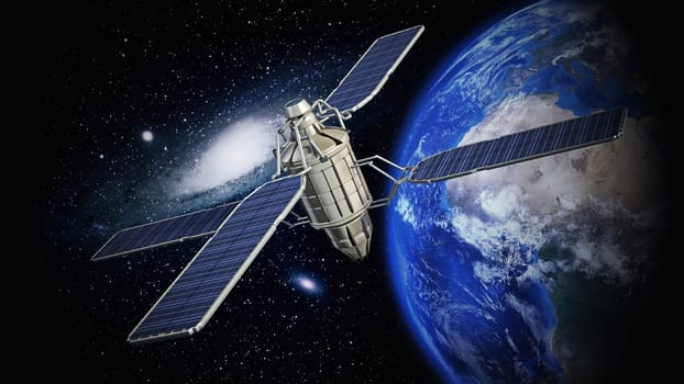Communication satellite orbiting the earth. 3D illustration.