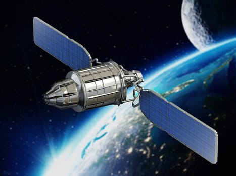 Communication satellite orbiting the earth. 3D illustration.