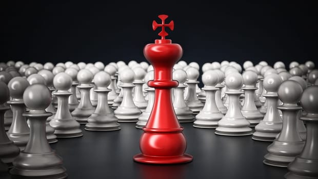 Red chess king standing among white pawns. 3D illustration.