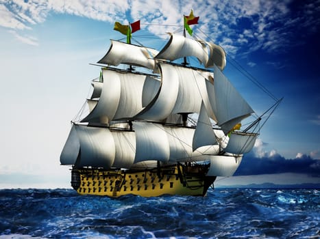 Vintage sailing ship at the sea under clear sky. 3D illustration.