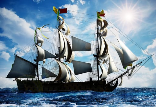 Vintage sailing ship at the sea under clear sky. 3D illustration.