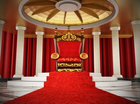 Red carpet leading to the luxurious throne. 3D illustration.