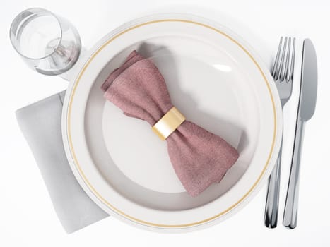 Plate, fork, knife glass and napkins 3D illustration