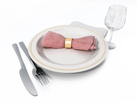 Plate, fork, knife glass and napkins 3D illustration