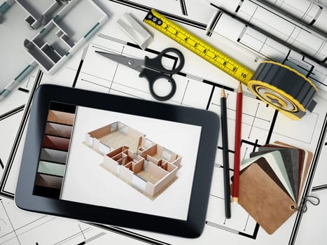 Home decorating tools standing on house bluprints. 3D illustration.