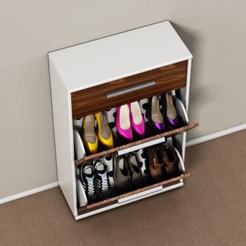 Contemporary wooden shoe cabinet design. 3D illustration.