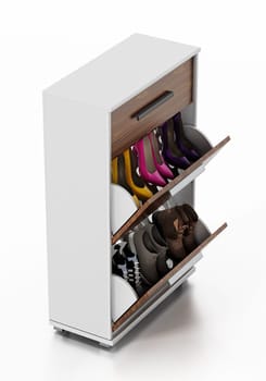 Contemporary wooden shoe cabinet design. 3D illustration.