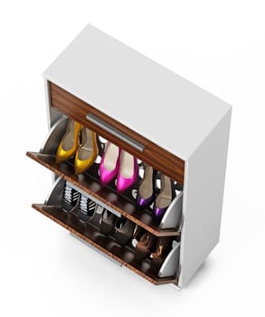 Contemporary wooden shoe cabinet design. 3D illustration.