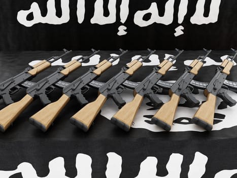 Automatic rifles standing on the table covered with terror organization flag. 3D illustration.